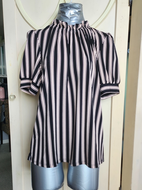 Adrianna Papell Tops - Adrianna Papell Black and Light Pink Striped Mock-Neck Blouse NWOT